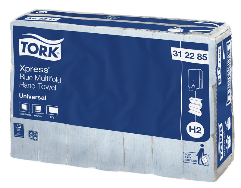 Tork Easy Handling carry pack of Tork Xpress Blue Multifold Hand Towel 312285 Universal, with the H2 badge, sheet count icons and FSC mark on the navy wrapper