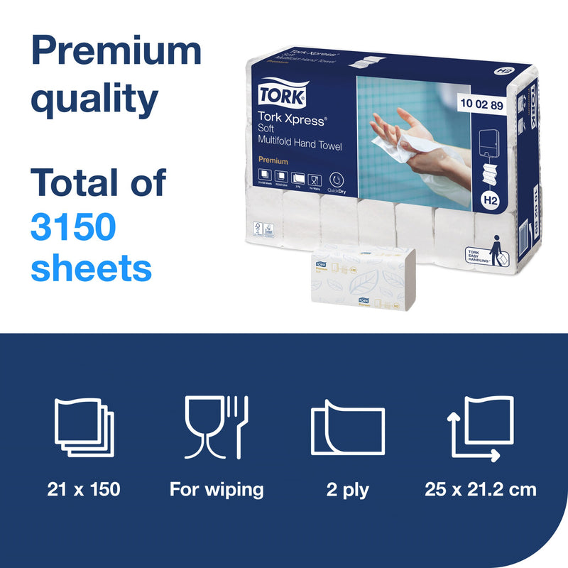 Tork panel headed Premium quality and total of 3150 sheets, showing the wrapped multifold bundle beside one white towel sleeve, with icons for 21 x 150, for wiping, 2 ply and 25 x 21.2 cm.