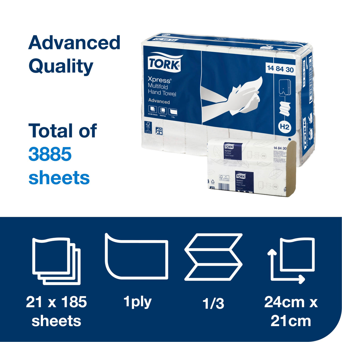 Tork panel headed Advanced quality and total of 3885 sheets, showing a carry pack of Tork Xpress Multifold Hand Towel 148430, with icons for 21 by 185 sheets, 1 ply, one third fold and 24 by 21 centimetres