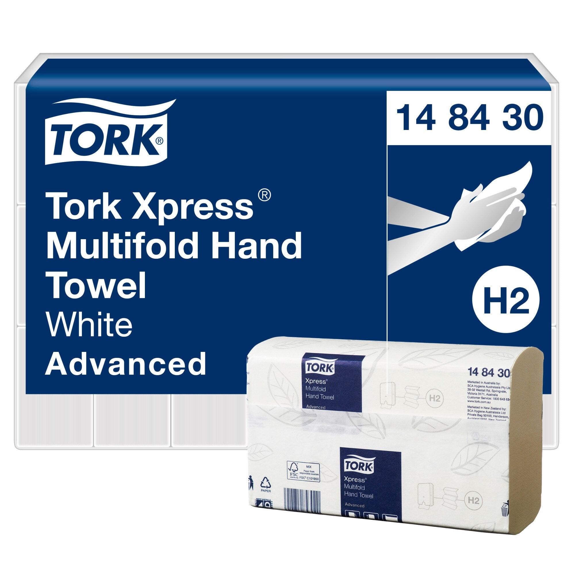 Tork Xpress Multifold Hand Towel 148430 panel reading White Advanced with an H2 badge, beside a white embossed towel bundle in its wrapper