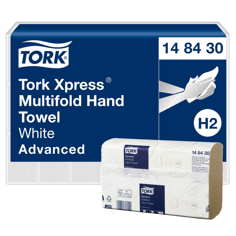 Tork Xpress Multifold Hand Towel 148430 panel reading White Advanced with an H2 badge, beside a white embossed towel bundle in its wrapper