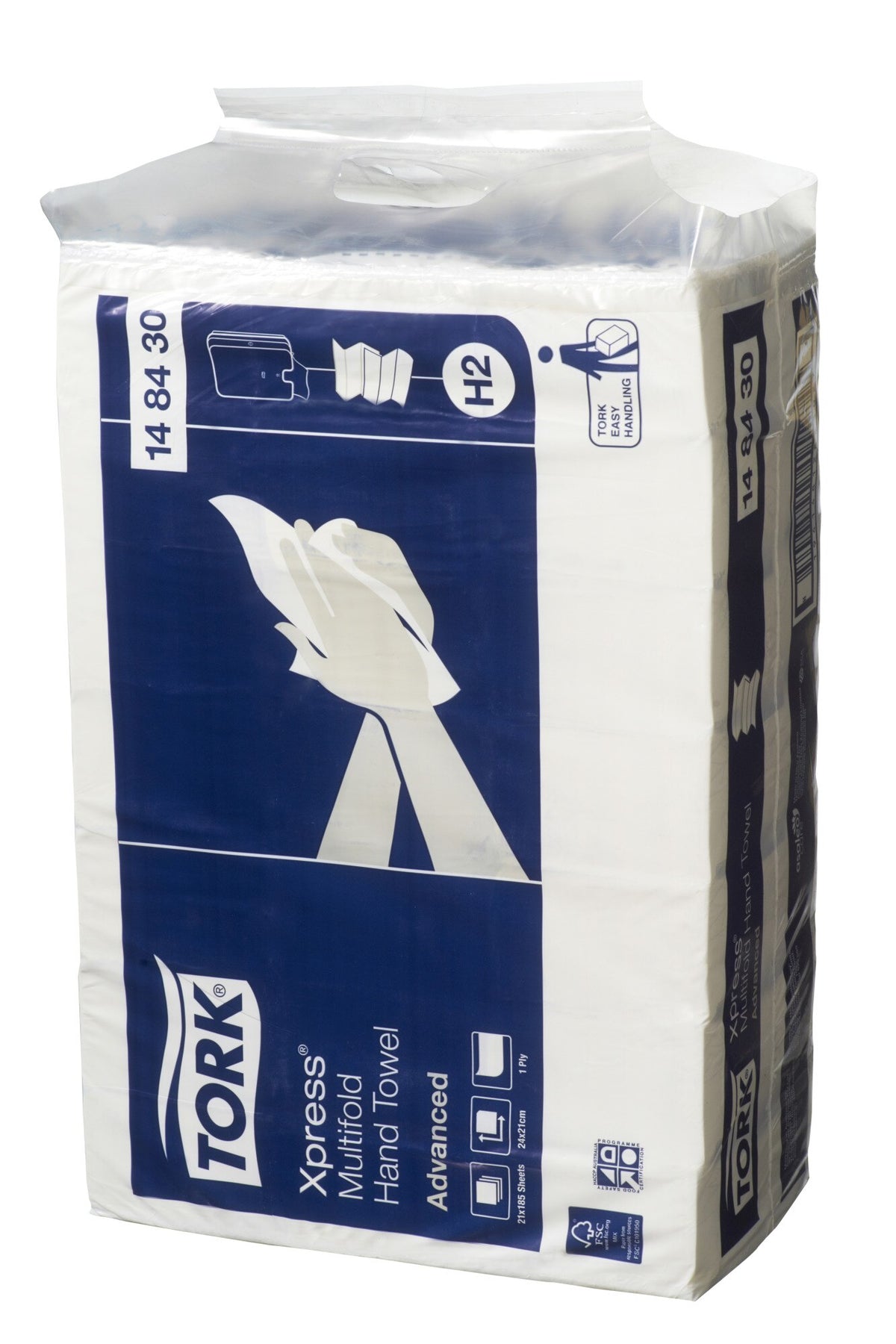 Tork Easy Handling carry pack of Tork Xpress Multifold Hand Towel 148430 Advanced standing upright, with the H2 badge and Tork logo on the wrapper