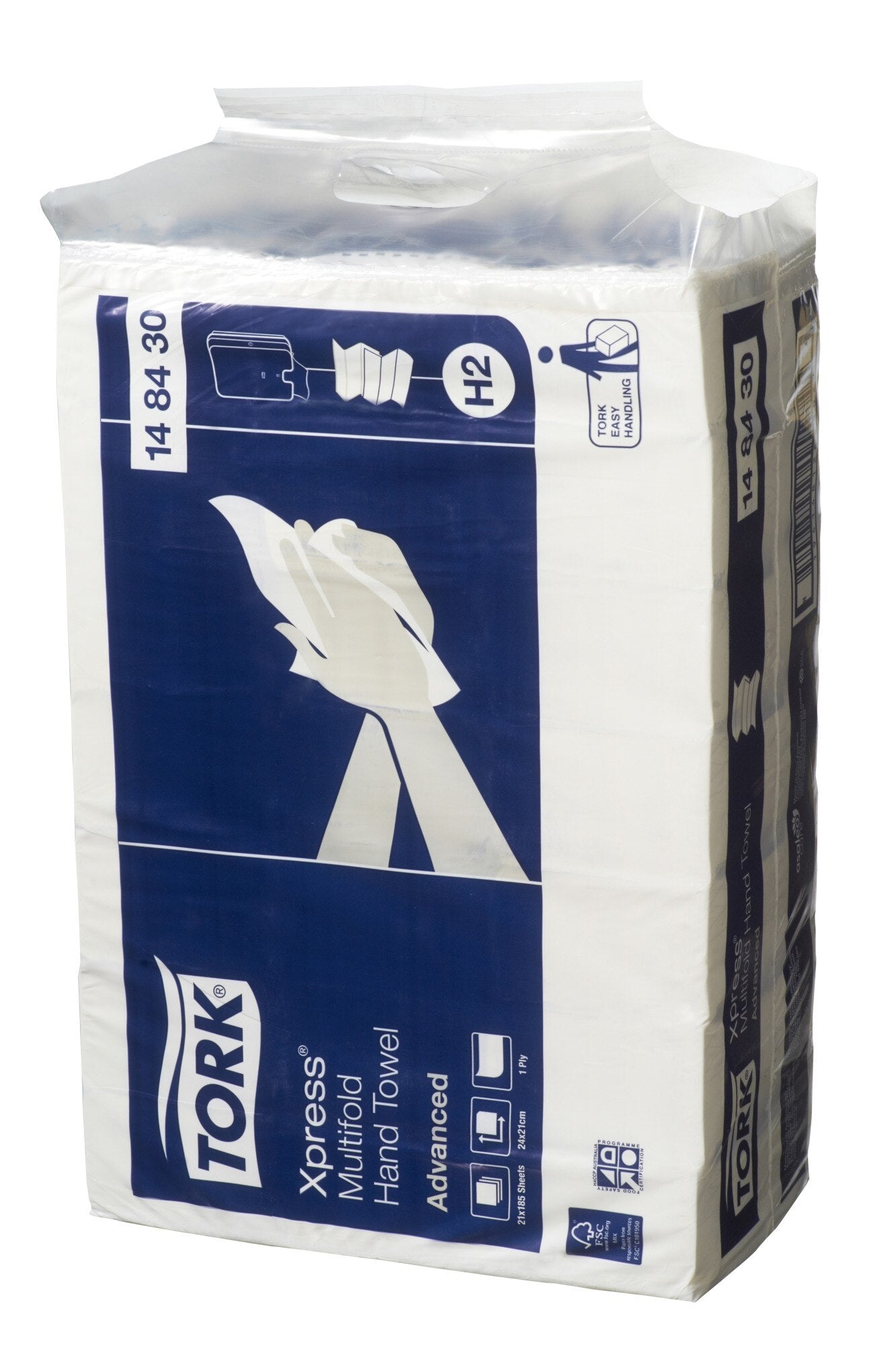 Tork Easy Handling carry pack of Tork Xpress Multifold Hand Towel 148430 Advanced standing upright, with the H2 badge and Tork logo on the wrapper