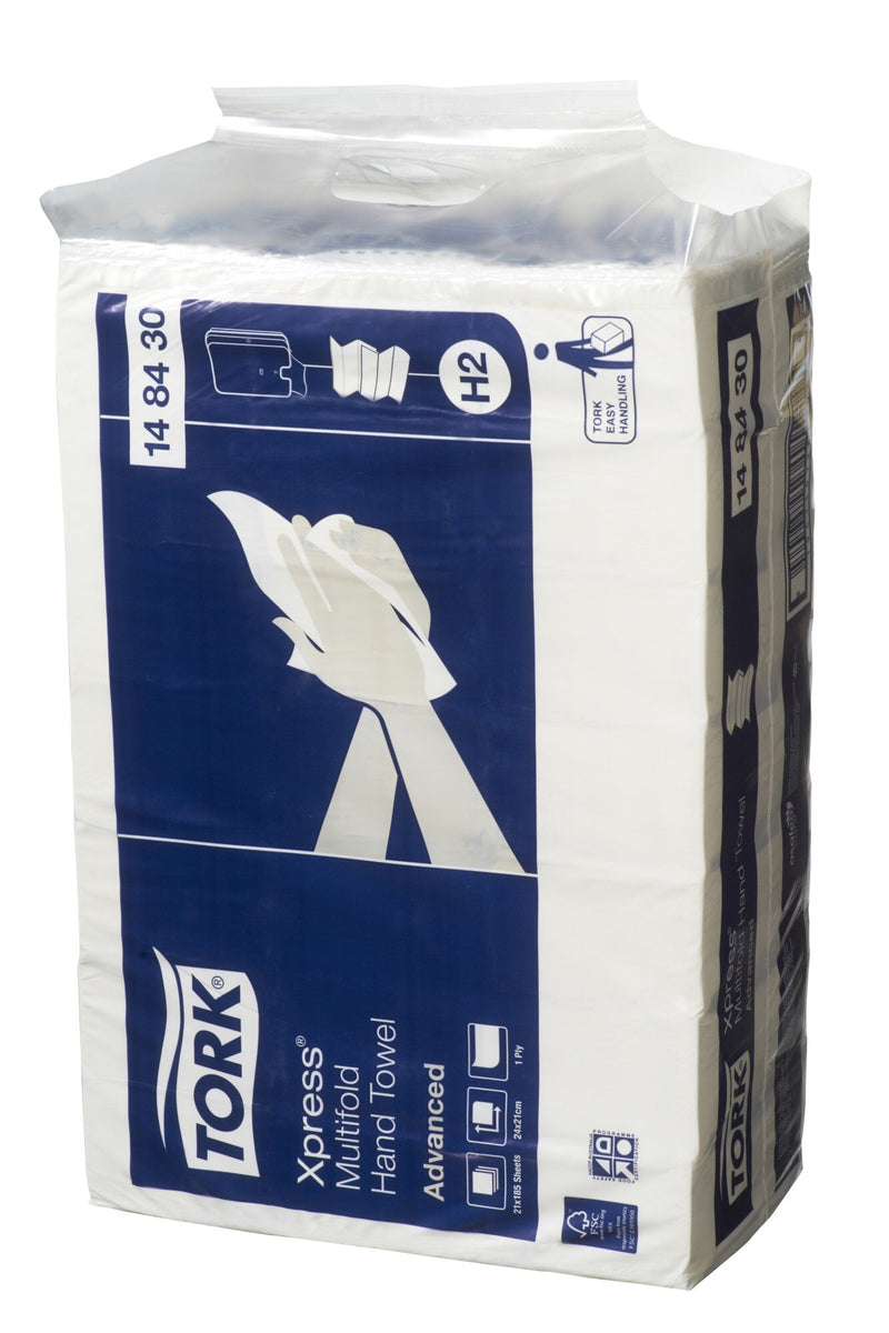 Tork Easy Handling carry pack of Tork Xpress Multifold Hand Towel 148430 Advanced standing upright, with the H2 badge and Tork logo on the wrapper