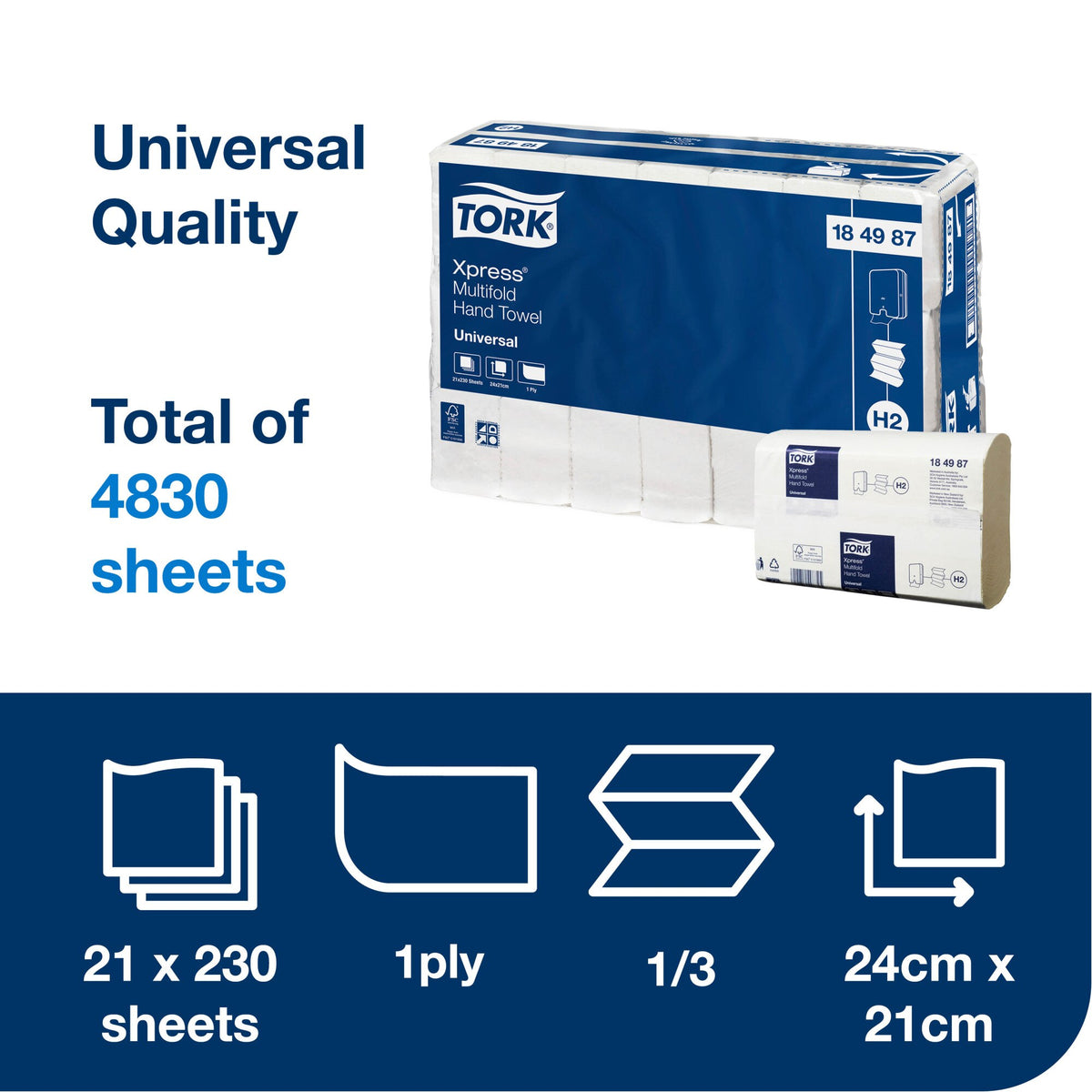 Tork panel headed Universal quality and total of 4830 sheets, showing a carry pack of Tork Xpress Multifold Hand Towel 184987, with icons for 21 by 230 sheets, 1 ply, one third fold and 24 by 21 centimetres