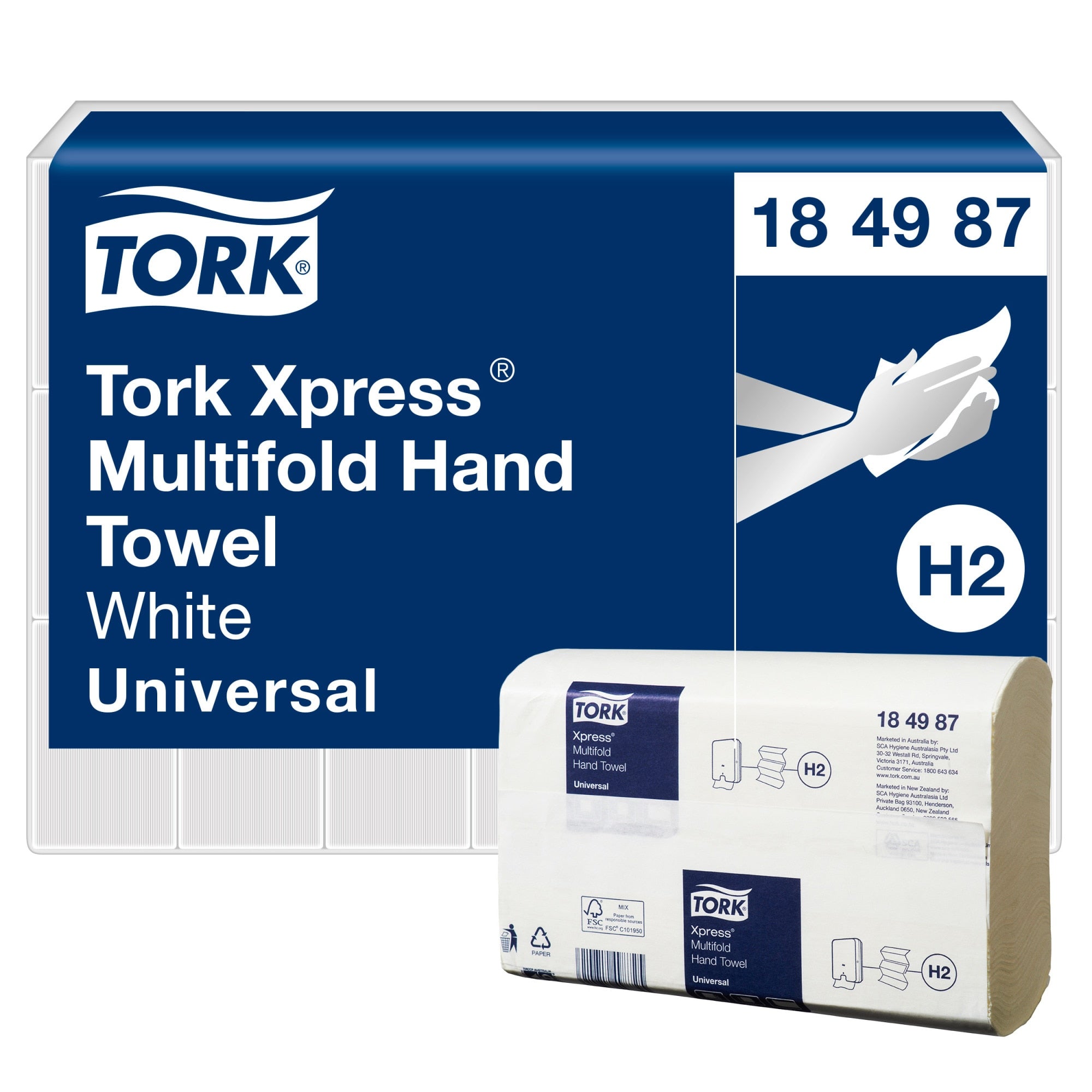 Tork Xpress Multifold Hand Towel 184987 panel reading White Universal with an H2 badge, beside a white towel bundle in its wrapper
