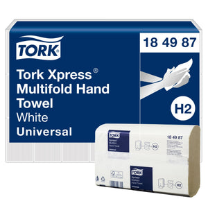 Tork Xpress Multifold Hand Towel 184987 panel reading White Universal with an H2 badge, beside a white towel bundle in its wrapper