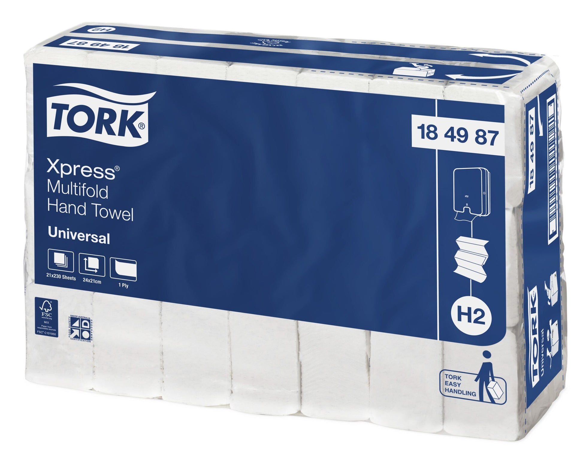 Tork Easy Handling carry pack of Tork Xpress Multifold Hand Towel 184987 Universal, with the H2 badge, sheet count icons and FSC mark on the navy wrapper