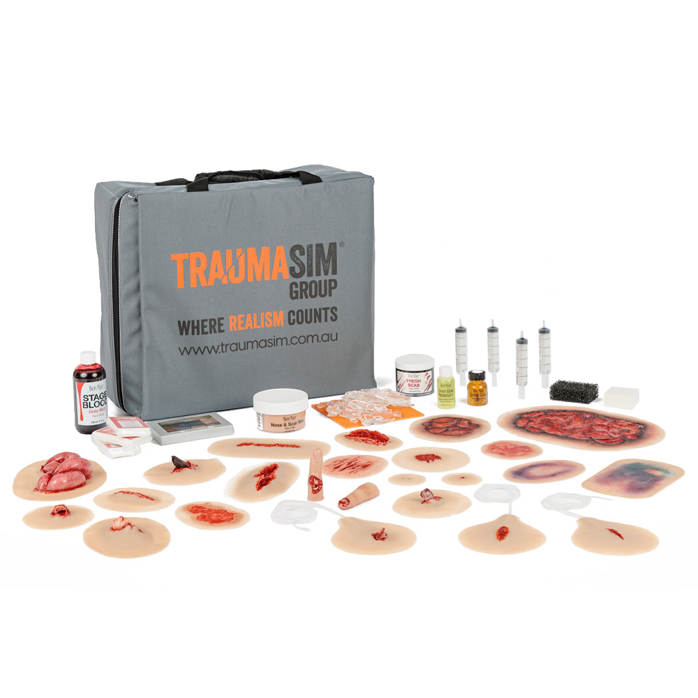 TraumaSim Advanced Trauma Moulage Kit showing comprehensive wound simulation materials for high-realism tactical and civilian trauma training scenarios