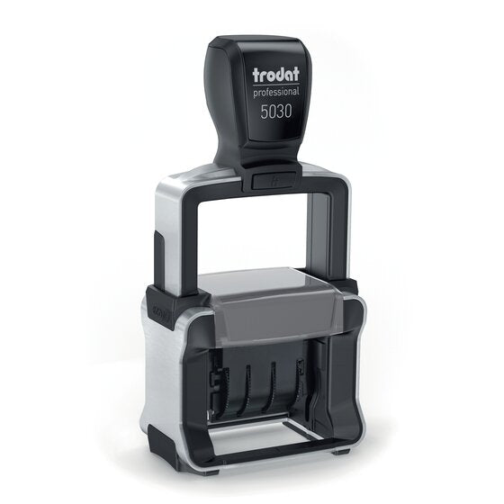 Trodat Professional 5030 self-inking dater with a black handle marked professional 5030, black and silver frame and date bands visible in the base
