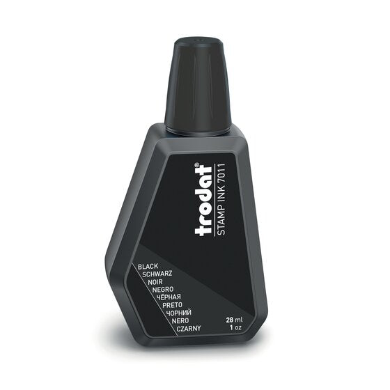 Trodat 7011 stamp pad ink in a black bottle with a nozzle cap, label marked stamp ink 7011, black and 28 ml