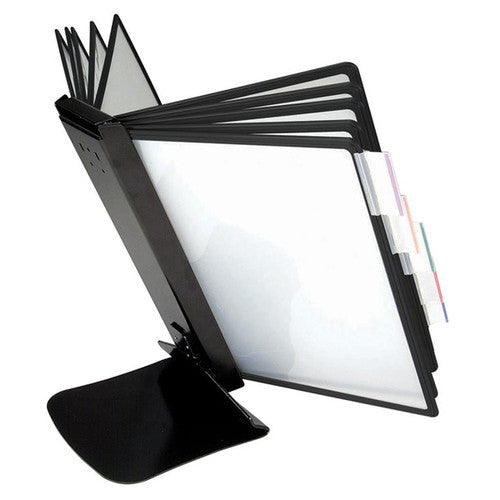 Tudor Flip-N-Find 10-panel heavy-duty display unit in black with anti-glare panels, index tabs and metal base with anti-slip feet