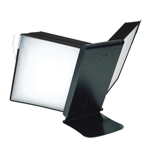 Tudor Flip-N-Find 20-panel heavy-duty black display unit with metal base and anti-glare document panels