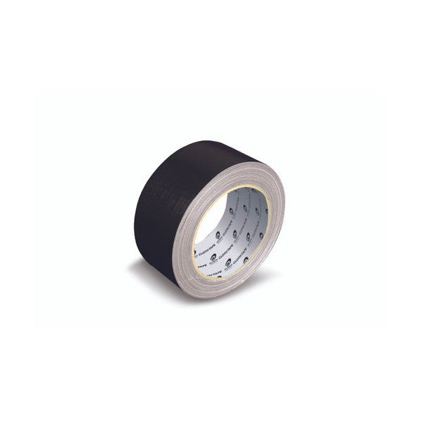 Black Olympic cloth tape roll, 50mm wide, photographed at an angle on a white background with the fabric edge and the printed Olympic Cloth Tape core visible