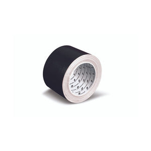 Wide black Olympic cloth tape roll, 75mm, standing at an angle on a white background, showing its white fabric edge and the printed Olympic Cloth Tape core