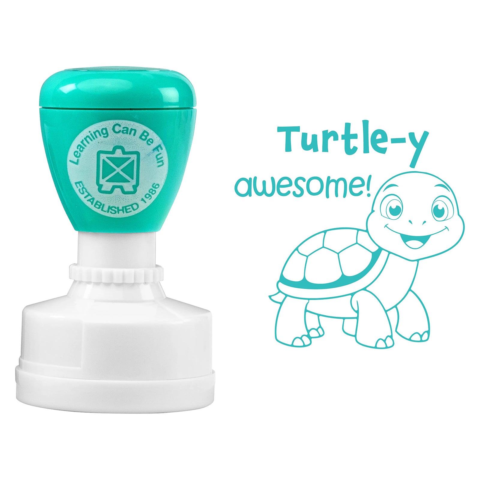 Product image displaying the aqua coloured merit stamp alongside the Turtle-y Awesome artwork. The friendly turtle illustration and uplifting message demonstrate its role in positive student feedback.