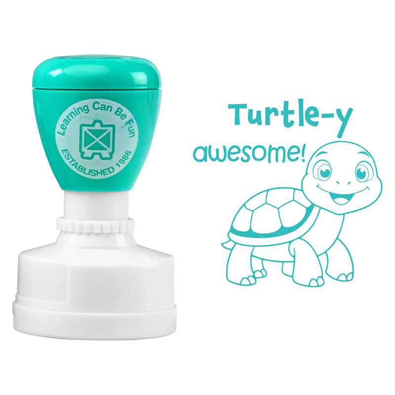 Product image displaying the aqua coloured merit stamp alongside the Turtle-y Awesome artwork. The friendly turtle illustration and uplifting message demonstrate its role in positive student feedback.