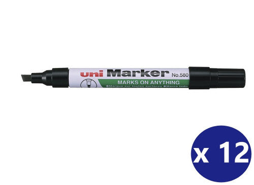 Uni Permanent Marker 580 Chisel Tip 5mm Black Box of 12