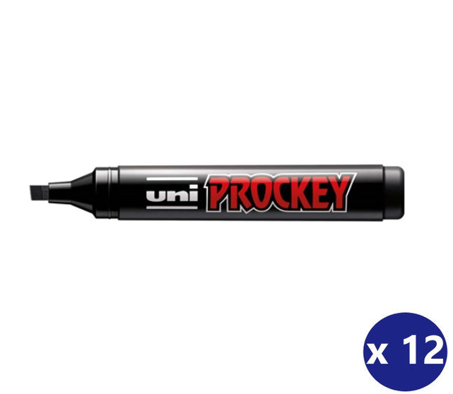 A black Uni Proockey marker with white and red branding, shown horizontally on a white background with a blue circular 'x 12' badge in the bottom right corner.