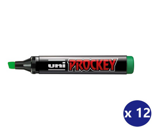 A single Uni Proockey marker pen with a black barrel, green tip, and green end cap, shown on a plain white background with a blue 'x 12' badge in the bottom right corner.