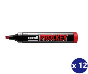 A pack of 12 Uni Proockey marker pens in red, shown horizontally on a plain white background with a blue 'x 12' badge in the bottom right corner.