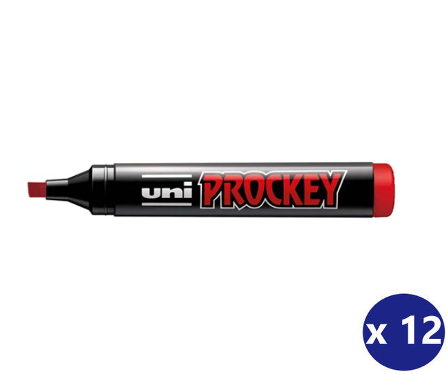 A pack of 12 Uni Proockey marker pens in red, shown horizontally on a plain white background with a blue 'x 12' badge in the bottom right corner.
