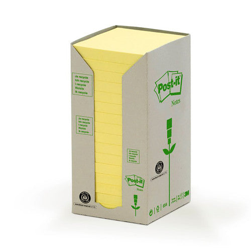 Post-it Recycled Notes Canary Yellow 76 x 76mm Pack of 16 654-1T