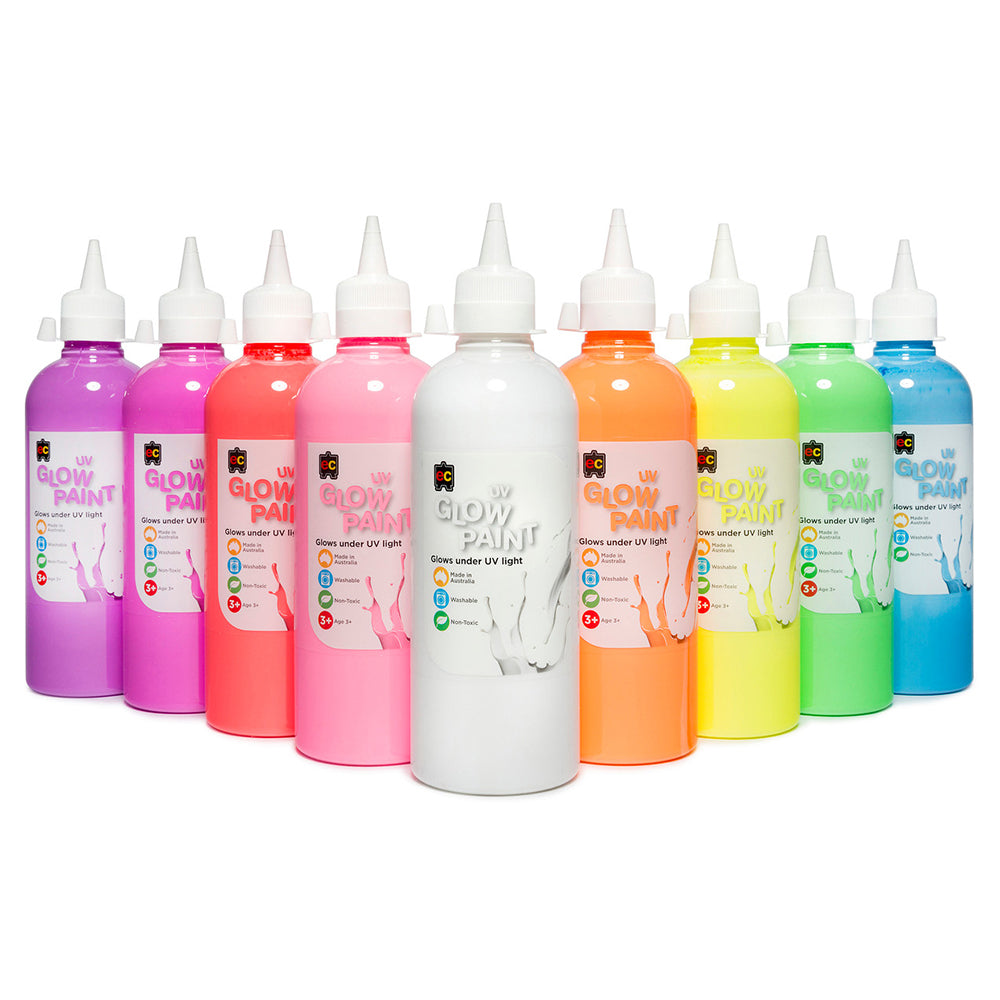 Full range of Educational Colours UV Glow Paint bottles displayed in assorted fluorescent colours including pink, orange, green, yellow, blue, and purple designed to glow under ultra violet light for creative projects and event decorations.