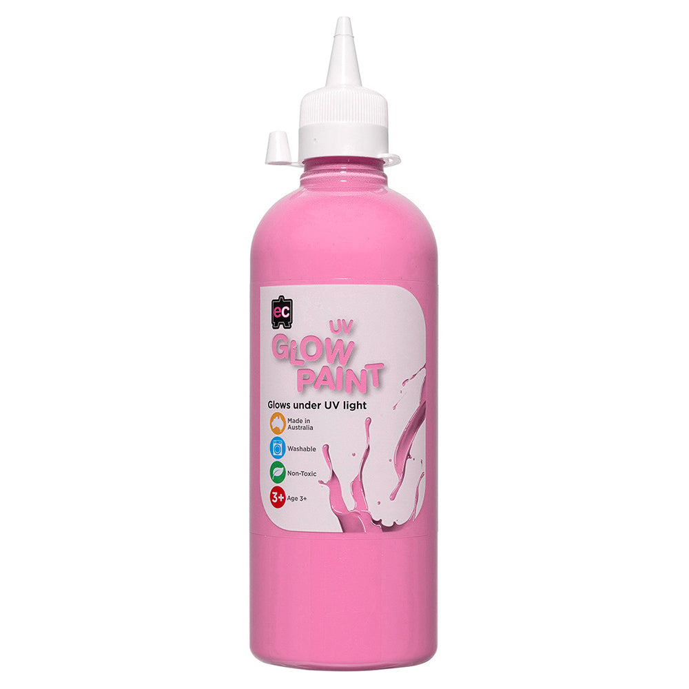 Bottle of Educational Colours UV Glow Paint 500ml Pink featuring bright fluorescent pink paint in a squeeze bottle with precision nozzle for glowing craft, poster, and stage decoration projects.