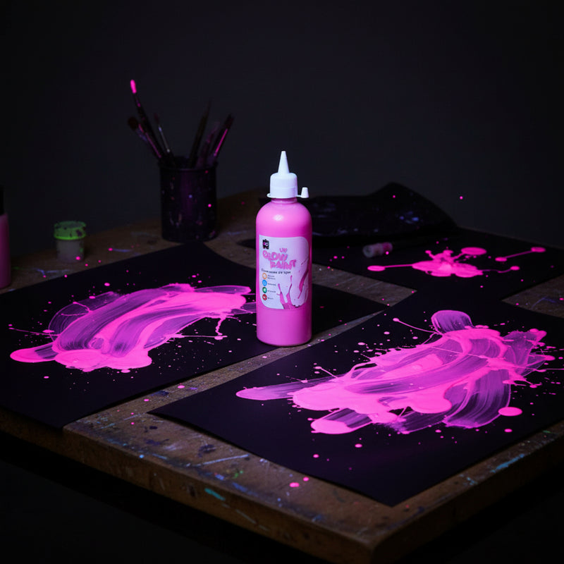 Bottle of pink UV glow paint displayed on a dark creative workspace surrounded by glowing fluorescent paint splashes under ultraviolet lighting.