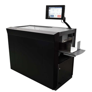 Uchida AeroCut X Pro cutter and creaser in black with a touch screen raised on an arm and a grey output tray at the side