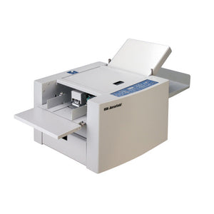 Uchida AeroFold Plus folding machine in light grey with a raised feed tray, blue control panel and front output tray