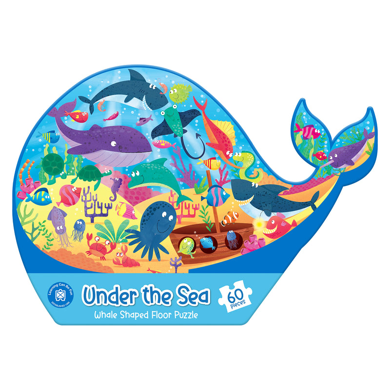 Front view of the Under the Sea Whale Shaped Floor Puzzle showing the colourful completed artwork. The whale shaped design contains a vibrant underwater scene filled with friendly sea creatures, coral gardens, tropical fish and educational ocean themed imagery.