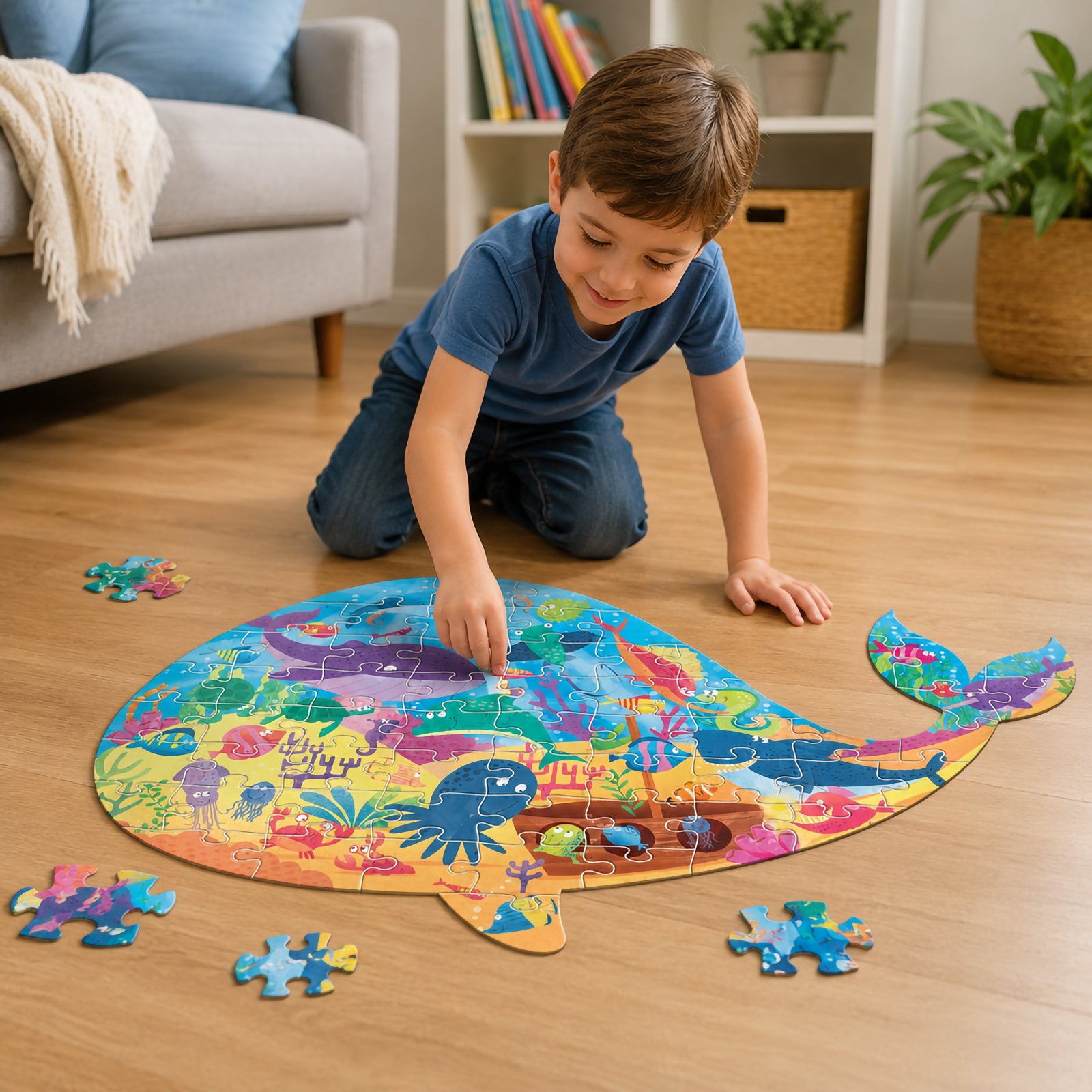A young boy enjoys completing the whale shaped floor puzzle in a comfortable home setting. The puzzle displays a rich marine environment filled with sea animals, colourful fish, coral formations and underwater discoveries that inspire curiosity about ocean habitats.