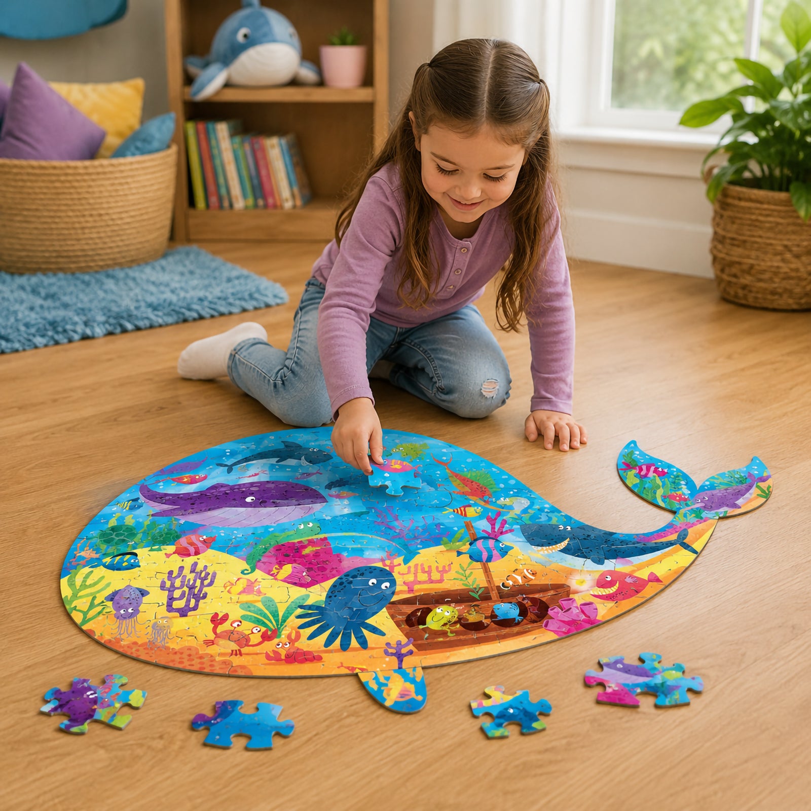 A child carefully places a puzzle piece into the vibrant whale shaped puzzle while exploring a lively underwater world. The detailed artwork showcases friendly sea creatures, colourful coral and ocean life, creating an engaging educational activity for young learners.