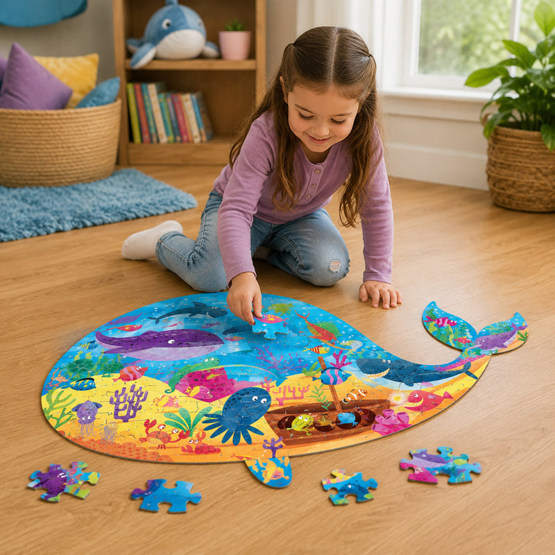 A child carefully places a puzzle piece into the vibrant whale shaped puzzle while exploring a lively underwater world. The detailed artwork showcases friendly sea creatures, colourful coral and ocean life, creating an engaging educational activity for young learners.