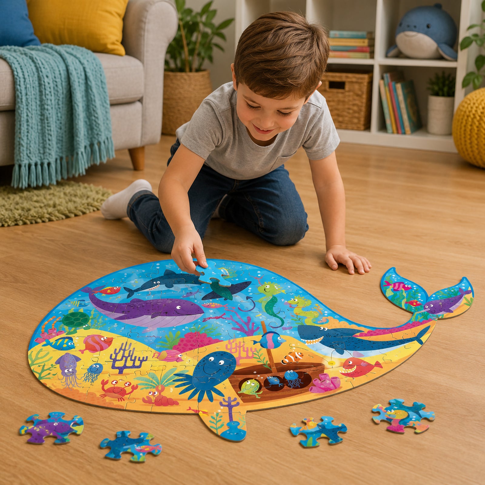 A young child assembles a colourful whale shaped floor puzzle on a timber floor in a bright living space. The completed underwater scene features whales, sharks, turtles, octopuses, tropical fish, coral reefs and hidden ocean treasures, encouraging imaginative learning and hands on problem solving.