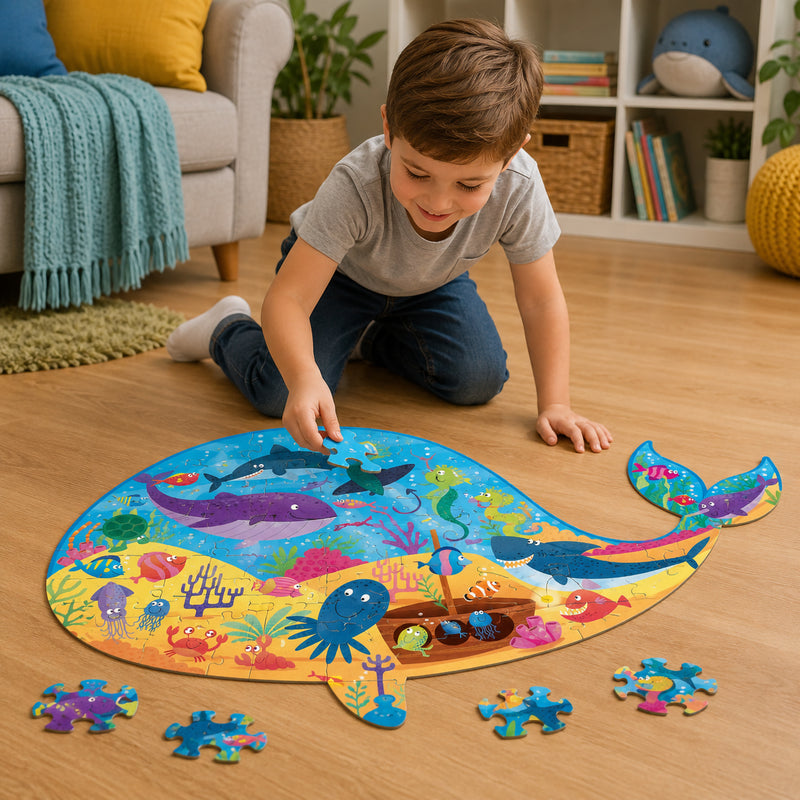 A young child assembles a colourful whale shaped floor puzzle on a timber floor in a bright living space. The completed underwater scene features whales, sharks, turtles, octopuses, tropical fish, coral reefs and hidden ocean treasures, encouraging imaginative learning and hands on problem solving.
