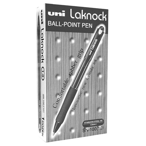 Uni Laknock SN-100 retractable ballpoint pen 1.0mm black, showing full pen with clip and rubber grip