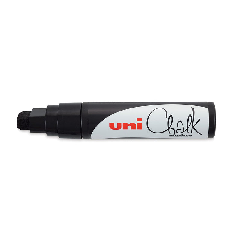 Uni PWE-17K liquid chalk marker in black, uncapped to show the wide black chisel tip, with the white uni Chalk marker label on the black barrel