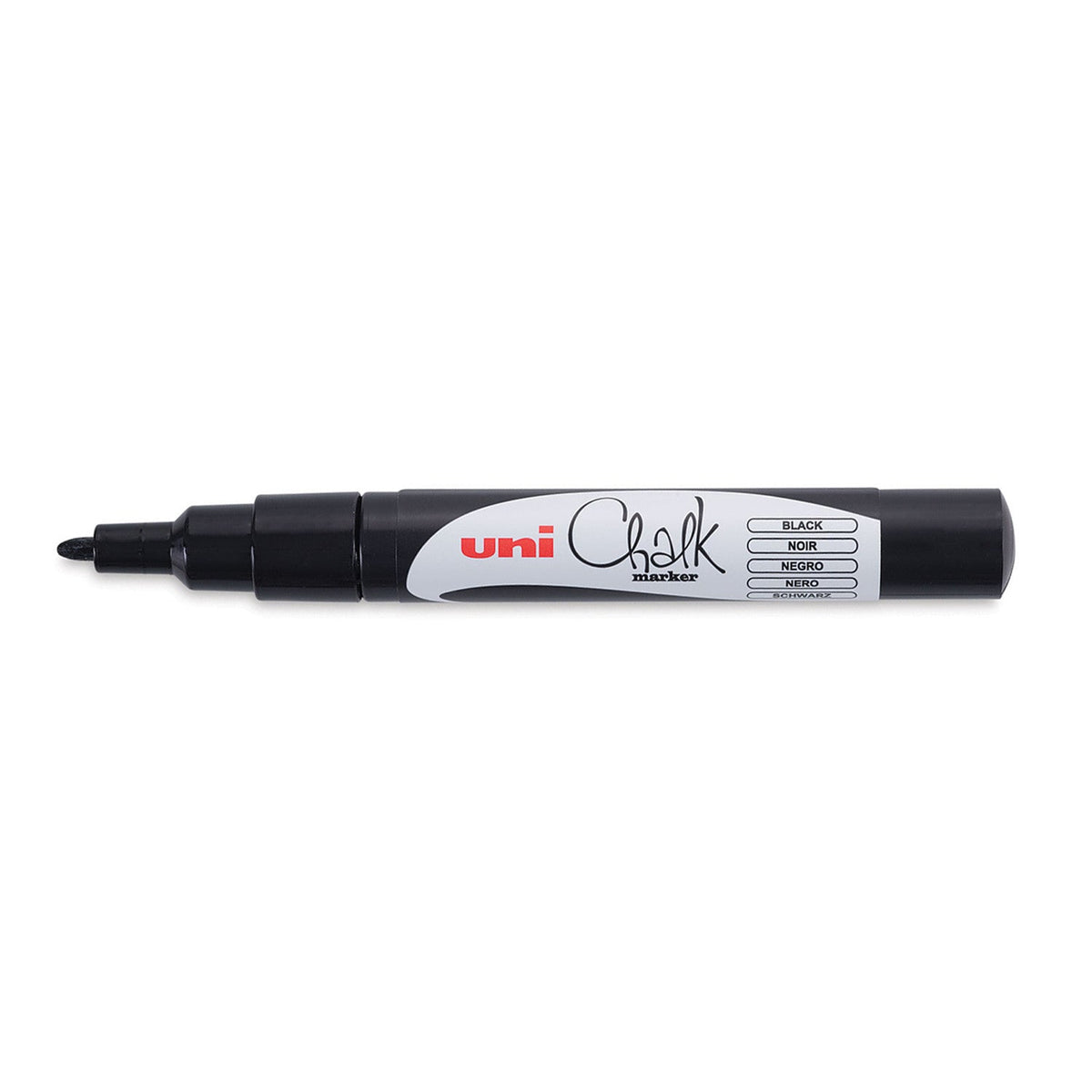 Uni PWE-3MS liquid chalk marker in black, shown side on with the cap removed and the fine bullet tip facing left