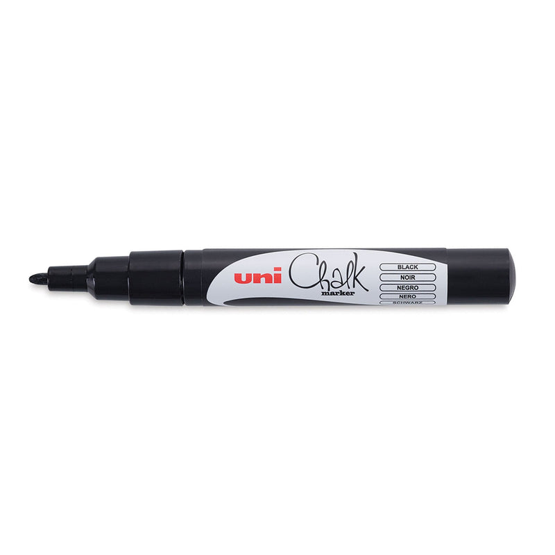 Uni PWE-3MS liquid chalk marker in black, shown side on with the cap removed and the fine bullet tip facing left