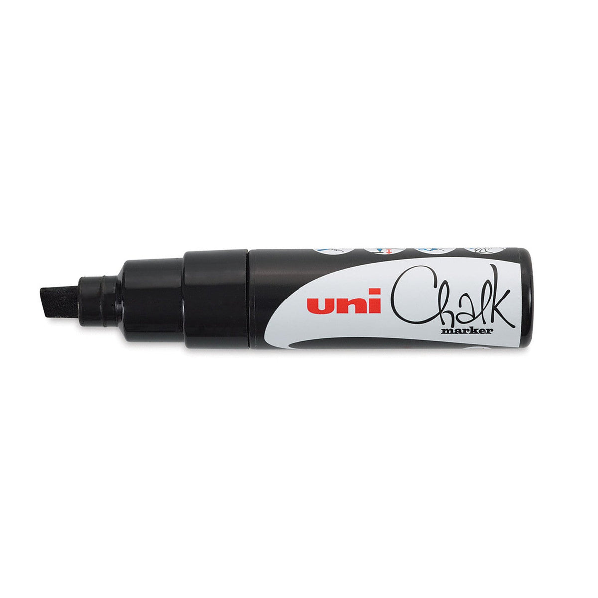 Uni PWE-8K liquid chalk marker in black, capped, showing the black chisel tip and collar and the white uni Chalk marker panel on the label