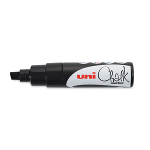 Uni PWE-8K liquid chalk marker in black, capped, showing the black chisel tip and collar and the white uni Chalk marker panel on the label