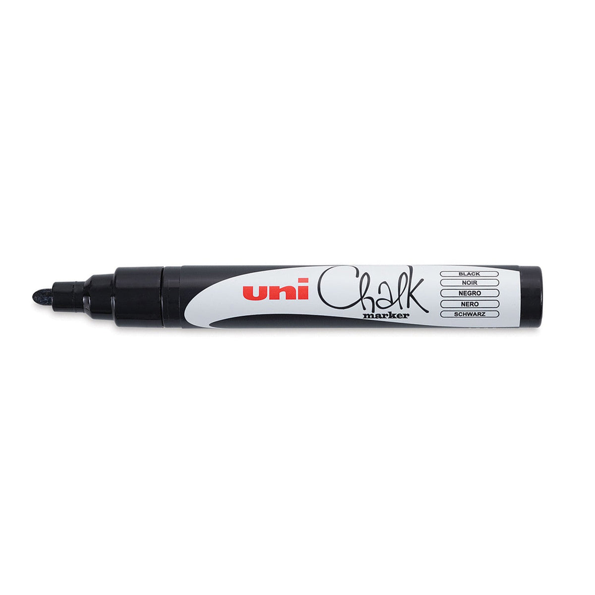 Black Uni Chalk PWE-5M liquid chalk marker with the cap removed, black bullet tip, barrel with a white panel and a label reading Black, Noir, Negro, Nero and Schwarz