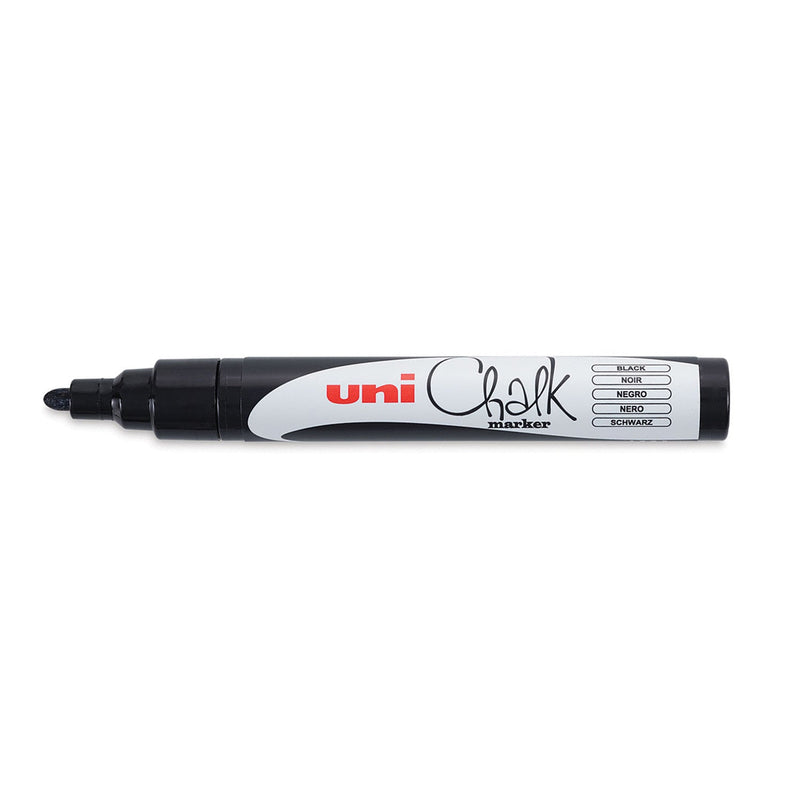 Black Uni Chalk PWE-5M liquid chalk marker with the cap removed, black bullet tip, barrel with a white panel and a label reading Black, Noir, Negro, Nero and Schwarz