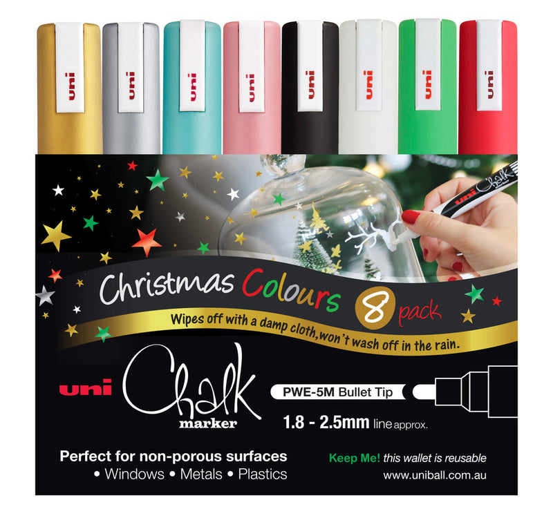 Uni Chalk Christmas Colours 8 pack wallet with eight capped PWE-5M markers in gold, silver, turquoise, pink, black, white, green and red above a festive star design