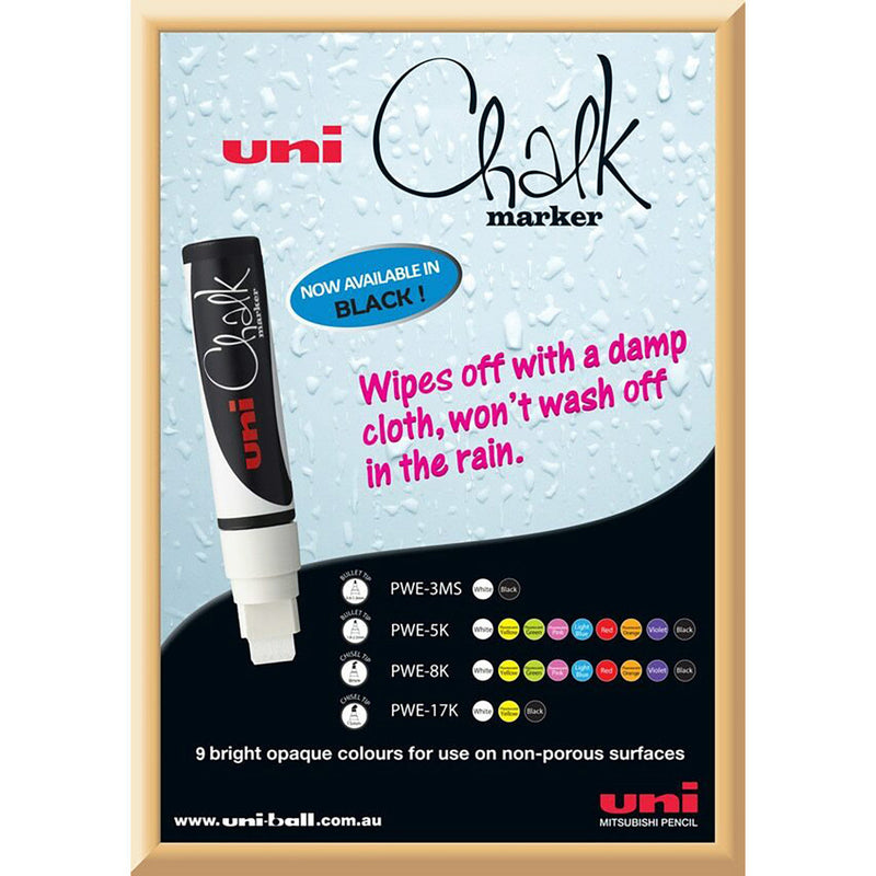 Uni Chalk marker poster reading wipes off with a damp cloth and will not wash off in the rain, with a white marker and colour charts for the PWE-3MS, PWE-8K and PWE-17K ranges