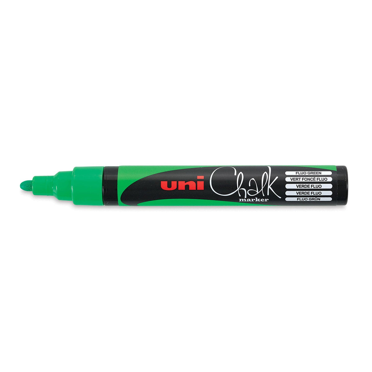 Uni Chalk PWE-5M marker in fluorescent green shown uncapped, with the lime green bullet nib, a green barrel band and Fluo Green printed in five languages