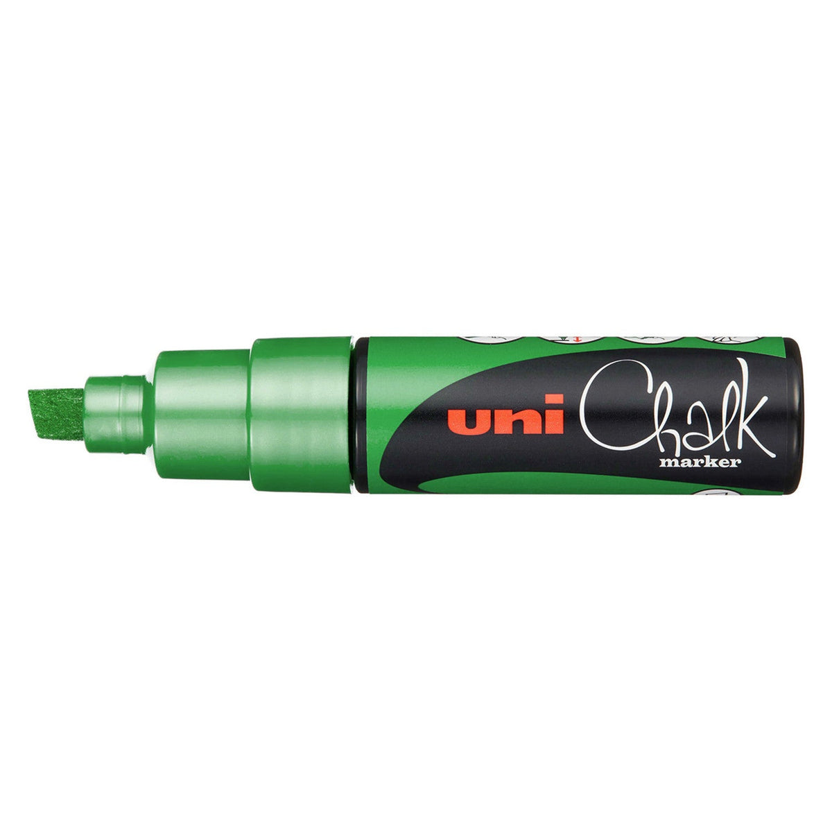 Uni PWE-8K liquid chalk marker in fluorescent green, capped, with a bright green barrel, green chisel nib and the black uni Chalk marker label